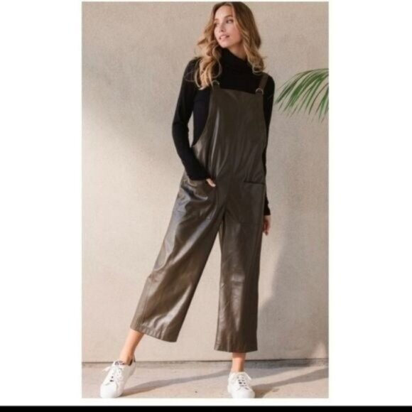 FAUX LEATHER OLIVE WIDE LEG JUMPSUIT-NEW - Picture 1 of 6